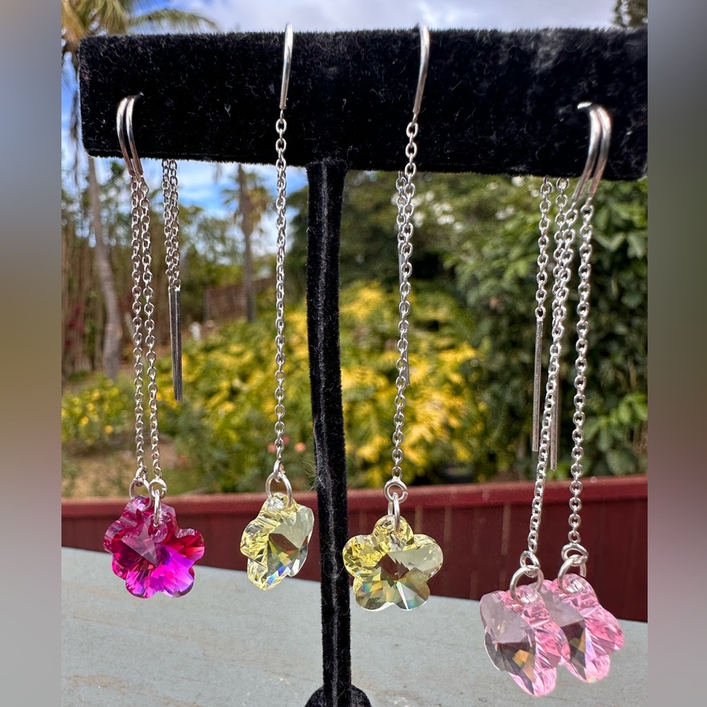 Handmade Plumeria Flower Swarovski Sterling Silver Threader Earrings - Picture 6 of 11